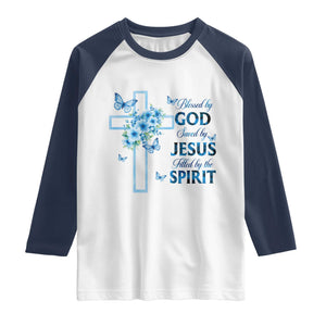 Christian Jesus Raglan Shirt Blessed By God Saved By Jesus Blue Floral Cross Butterfly Art TS10 White Navy Print Your Wear
