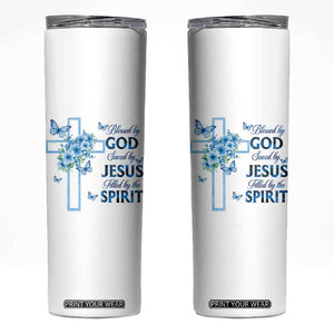 Christian Jesus Skinny Tumbler Blessed By God Saved By Jesus Blue Floral Cross Butterfly Art TS10 White Print Your Wear