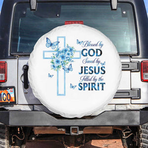 Christian Jesus Spare Tire Cover Blessed By God Saved By Jesus Blue Floral Cross Butterfly Art TS10 No hole White Print Your Wear