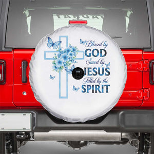 Christian Jesus Spare Tire Cover Blessed By God Saved By Jesus Blue Floral Cross Butterfly Art TS10 White Print Your Wear