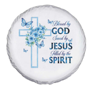 Christian Jesus Spare Tire Cover Blessed By God Saved By Jesus Blue Floral Cross Butterfly Art TS10 Print Your Wear