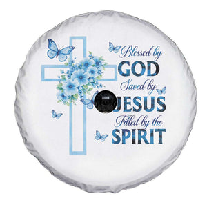 Christian Jesus Spare Tire Cover Blessed By God Saved By Jesus Blue Floral Cross Butterfly Art TS10 Print Your Wear