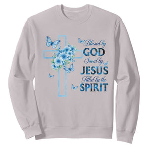 Christian Jesus Sweatshirt Blessed By God Saved By Jesus Blue Floral Cross Butterfly Art TS10 Ice Gray Print Your Wear