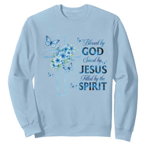 Christian Jesus Sweatshirt Blessed By God Saved By Jesus Blue Floral Cross Butterfly Art TS10 Light Blue Print Your Wear