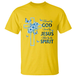 Christian Jesus T Shirt Blessed By God Saved By Jesus Blue Floral Cross Butterfly Art TS10 Daisy Print Your Wear