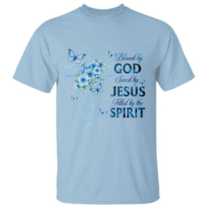 Christian Jesus T Shirt Blessed By God Saved By Jesus Blue Floral Cross Butterfly Art TS10 Light Blue Print Your Wear