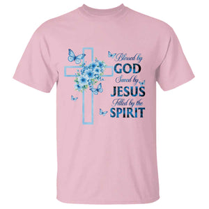 Christian Jesus T Shirt Blessed By God Saved By Jesus Blue Floral Cross Butterfly Art TS10 Light Pink Print Your Wear