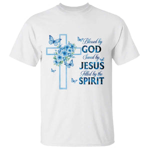 Christian Jesus T Shirt Blessed By God Saved By Jesus Blue Floral Cross Butterfly Art TS10 White Print Your Wear
