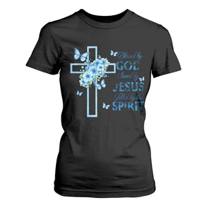 Christian Jesus T Shirt For Women Blessed By God Saved By Jesus Blue Floral Cross Butterfly Art TS10 Black Print Your Wear