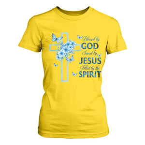 Christian Jesus T Shirt For Women Blessed By God Saved By Jesus Blue Floral Cross Butterfly Art TS10 Daisy Print Your Wear