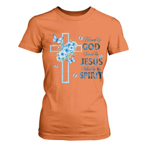 Christian Jesus T Shirt For Women Blessed By God Saved By Jesus Blue Floral Cross Butterfly Art TS10 Orange Print Your Wear