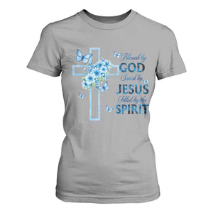 Christian Jesus T Shirt For Women Blessed By God Saved By Jesus Blue Floral Cross Butterfly Art TS10 Sport Gray Print Your Wear