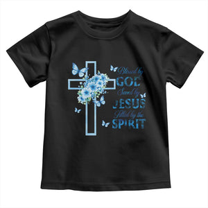 Christian Jesus Toddler T Shirt Blessed By God Saved By Jesus Blue Floral Cross Butterfly Art TS10 Black Print Your Wear