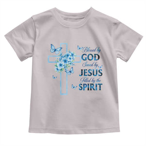 Christian Jesus Toddler T Shirt Blessed By God Saved By Jesus Blue Floral Cross Butterfly Art TS10 Ice Gray Print Your Wear