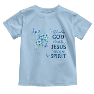 Christian Jesus Toddler T Shirt Blessed By God Saved By Jesus Blue Floral Cross Butterfly Art TS10 Light Blue Print Your Wear