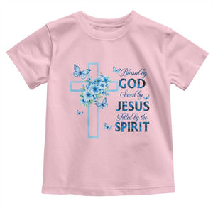 Christian Jesus Toddler T Shirt Blessed By God Saved By Jesus Blue Floral Cross Butterfly Art TS10 Light Pink Print Your Wear