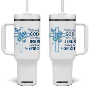 Christian Jesus Tumbler With Handle Blessed By God Saved By Jesus Blue Floral Cross Butterfly Art TS10 One Size: 40 oz White Print Your Wear