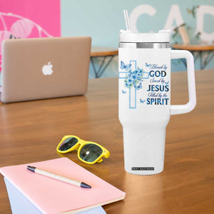 Christian Jesus Tumbler With Handle Blessed By God Saved By Jesus Blue Floral Cross Butterfly Art TS10 Print Your Wear