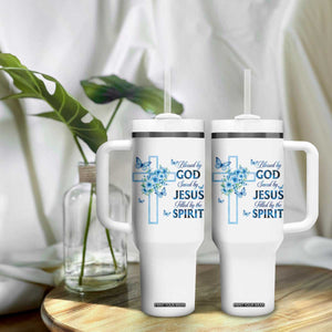 Christian Jesus Tumbler With Handle Blessed By God Saved By Jesus Blue Floral Cross Butterfly Art TS10 Print Your Wear