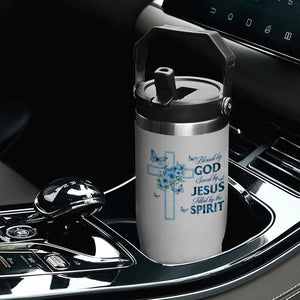 Christian Jesus Flip Straw Tumbler Blessed By God Saved By Jesus Blue Floral Cross Butterfly Art TS10 Print Your Wear