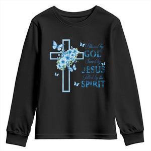 Christian Jesus Youth Sweatshirt Blessed By God Saved By Jesus Blue Floral Cross Butterfly Art TS10 Black Print Your Wear