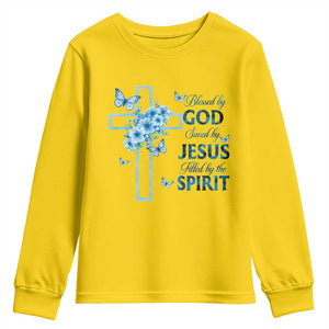 Christian Jesus Youth Sweatshirt Blessed By God Saved By Jesus Blue Floral Cross Butterfly Art TS10 Daisy Print Your Wear