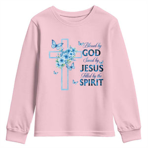 Christian Jesus Youth Sweatshirt Blessed By God Saved By Jesus Blue Floral Cross Butterfly Art TS10 Light Pink Print Your Wear