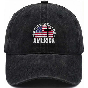 God Shed His Grace On Thee Washed Cotton Baseball Cap Vintage Patriotic Christian USA Flag Cross TS10 Washed Cap Universal Fit Black Print Your Wear