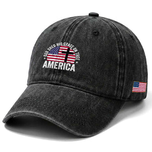 God Shed His Grace On Thee Washed Cotton Baseball Cap Vintage Patriotic Christian USA Flag Cross TS10 Print Your Wear