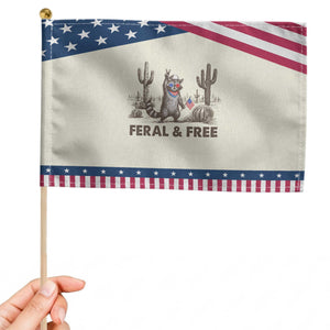 Feral & Free Raccoon Patriotic Handheld Flag Funny 4th of July Cowboy Meme Retro Independence Day TS10 Modern 8.2" × 5.5" Beige Blue Print Your Wear