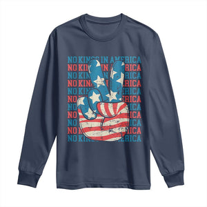 No Kings In America Long Sleeve Shirt USA Flag Peace Sign Hand 4th of July Patriotic TS10 Navy Print Your Wear