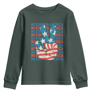 No Kings In America Youth Sweatshirt USA Flag Peace Sign Hand 4th of July Patriotic TS10 Dark Forest Green Print Your Wear