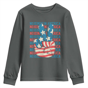 No Kings In America Youth Sweatshirt USA Flag Peace Sign Hand 4th of July Patriotic TS10 Dark Heather Print Your Wear