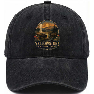 Vintage Yellowstone National Park Vintage Bison Geyser Washed Cotton Baseball Cap Wyoming Montana Idaho Hiking Camping TS10 Print Your Wear
