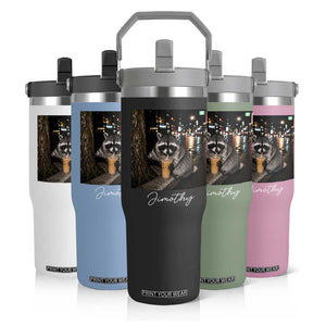 Jimothy Raccoon Drinking Iced Coffee Night City Aesthetic Flip Straw Tumbler