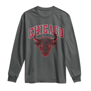 Retro Chicago Long Sleeve Shirt Bulls Mascot Team Spirit Vintage Basketball Fan TS10 Dark Heather Print Your Wear