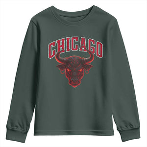 Retro Chicago Youth Sweatshirt Bulls Mascot Team Spirit Vintage Basketball Fan TS10 Dark Forest Green Print Your Wear