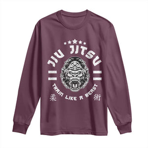 Brazilian Jiu Jitsu Long Sleeve Shirt Train Like A Beast Vintage BJJ Grappling Gorilla TS10 Maroon Print Your Wear