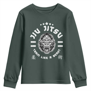 Brazilian Jiu Jitsu Youth Sweatshirt Train Like A Beast Vintage BJJ Grappling Gorilla TS10 Dark Forest Green Print Your Wear