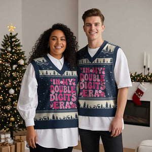 10 Years Old Birthday Girl V-Neck Knit Sweater Vest In My Double Digits Era TS10 Navy Beige Print Your Wear