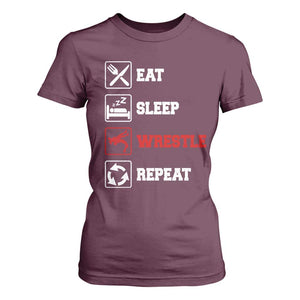 Eat Sleep Wrestle Repeat T Shirt For Women Funny Wrestling Gym TS10 Maroon Print Your Wear