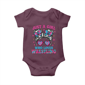 Just A Girl Who Loves Wrestling Baby Onesie Funny Wrestle Lover Wrestler Messy Bun TS10 Maroon Print Your Wear