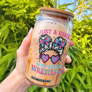 Just A Girl Who Loves Wrestling Glass Can Funny Wrestle Lover Wrestler Messy Bun TS10 Black Print Your Wear