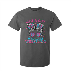 Just A Girl Who Loves Wrestling T Shirt For Kid Funny Wrestle Lover Wrestler Messy Bun TS10 Dark Heather Print Your Wear