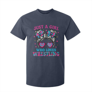 Just A Girl Who Loves Wrestling T Shirt For Kid Funny Wrestle Lover Wrestler Messy Bun TS10 Navy Print Your Wear