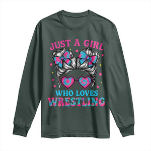 Just A Girl Who Loves Wrestling Long Sleeve Shirt Funny Wrestle Lover Wrestler Messy Bun TS10 Dark Forest Green Print Your Wear