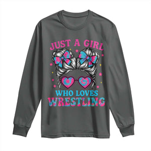 Just A Girl Who Loves Wrestling Long Sleeve Shirt Funny Wrestle Lover Wrestler Messy Bun TS10 Dark Heather Print Your Wear