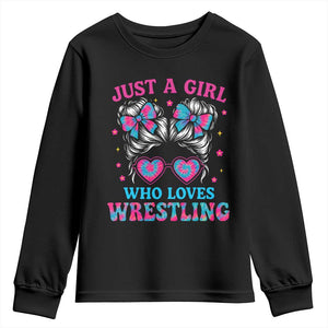 Just A Girl Who Loves Wrestling Youth Sweatshirt Funny Wrestle Lover Wrestler Messy Bun TS10 Black Print Your Wear