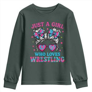 Just A Girl Who Loves Wrestling Youth Sweatshirt Funny Wrestle Lover Wrestler Messy Bun TS10 Dark Forest Green Print Your Wear