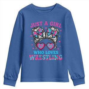 Just A Girl Who Loves Wrestling Youth Sweatshirt Funny Wrestle Lover Wrestler Messy Bun TS10 Royal Blue Print Your Wear